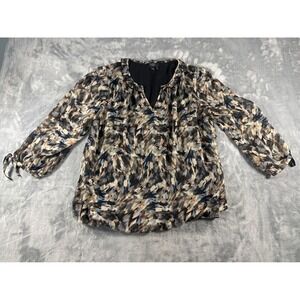 Haver London Women Abstract Print V-Neck Blouse Blue Tan Black Size Large L/G